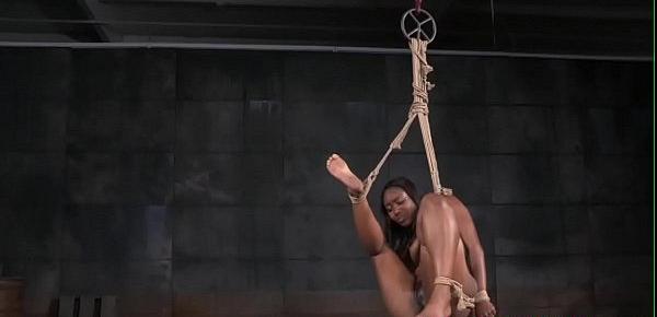  Whipped ebony sub gets suspended by maledom